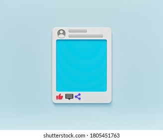 Social Network Post Photo Frame Isolated On Pastel Blue Background. Minimal Interface Icon, Symbol. 3d Rendering