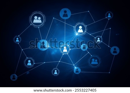 Social network technologies concept with digital graphic user symbols connected by lines on abstract dark blue background. 3D rendering