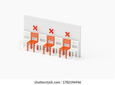 Social Physical Distancing Concept With Crossed Chairs In The Middle. 6 Feet, 1.5 M Safe Distance Showcase Isometric As A New Normal Concept, 3D Illustration