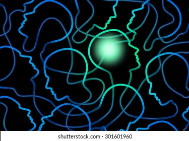 Social Psychology Concept As A Group Of Connected Network Of People Icons With One Individual Brain Illuminated As A Symbol For Sociology And Group Interaction.