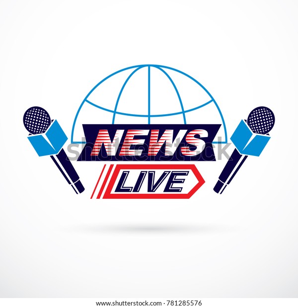 Social telecommunication\
theme  emblem created with blue Earth planet illustration divided\
with meridians, with microphones and live news inscription. Press\
conference.