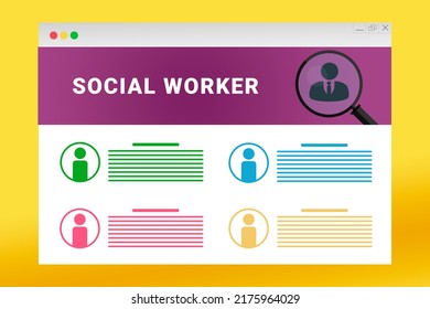 Social Worker Logo In Header Of Site. Social Worker Text On Job Search Site. Online With Social Worker Resume. Jobs In Browser Window. Internet Job Search Concept. Employee Recruiting Metaphor