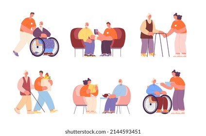 Social workers. Elderly women, volunteering characters. People support care grandma and grandfather. Volunteer help seniors utter set