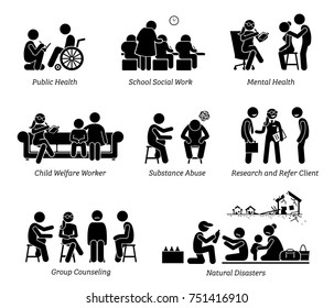 Social Workers Stick Figure Pictogram Icons. Illustrations Depict Social Worker On Public Health, School, Child Welfare, Substance Abuse, Research Refer Client, Natural Disaster And Group Counseling. 