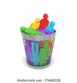 Society Business Social Community Policy Concept. Colored People In The Trash Bin (wastebasket) As Symbol Of Dismissal, Redundancy, Optimization, Discrimination, Disability, Killing, Persona Non Grata