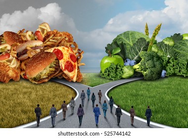 Society Food Diet Choice And Healthy Lifestyle Dilemma As A Group Of People Deciding And Choosing To Eat Healthy Or Unhealthy As A Public Fitness Concept With 3D Illustration Elements.