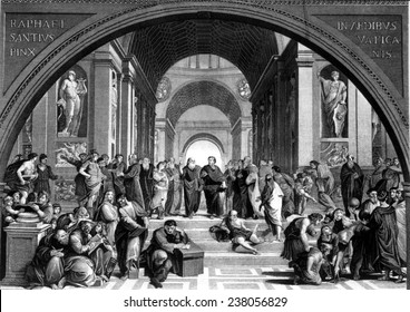 Socrates (center, Left), At The School Of Athens, 400 BC, Engraving After Painting By Raphael,