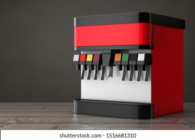 Soda Soft Drink Dispenser Mockup With Free Space For Your Design On A Wooden Table. 3d Rendering