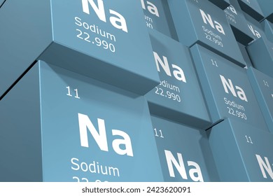 Sodium, 3D rendering background of cubes of symbols of the elements of the periodic table, atomic number, atomic weight, name and symbol. Education, science and technology. 3D illustration