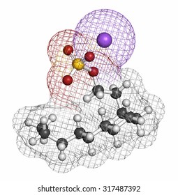 Sodium Dodecyl Sulfate (SDS, Sodium Lauryl Sulfate) Surfactant Molecule. Commonly Used In Cleaning Products. Atoms Are Represented As Spheres With Conventional Color Coding: Hydrogen (white), Etc