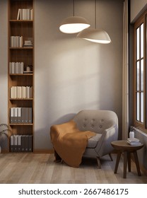 Sofa chair with blanket and side table under ceiling lamps aside bookshelf on wooden parquet floor. Relaxing corner, 3D Rendering, 3D Illustration.