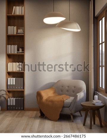 Sofa chair with blanket and side table under ceiling lamps aside bookshelf on wooden parquet floor. Relaxing corner, 3D Rendering, 3D Illustration.