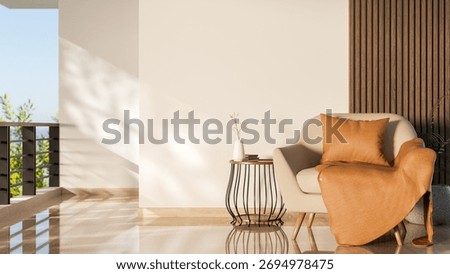Sofa chair and side table on wooden parquet floor with sunlight through balcony terrace on white wall. Interior Mockup, 3D Rendering 3D Illustration.