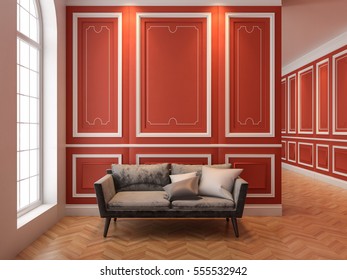 Sofa in classic red interior. 3D render interior mock up.