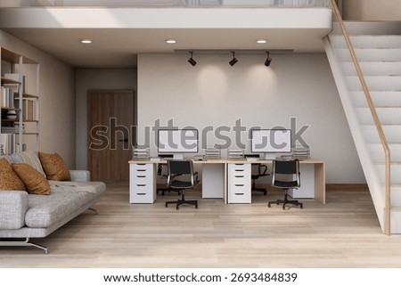 Sofa couch and bookshelf aside computer table on wooden parquet floor with staircase to second floor. Interior Mockup, 3D Rendering 3D Illustration.