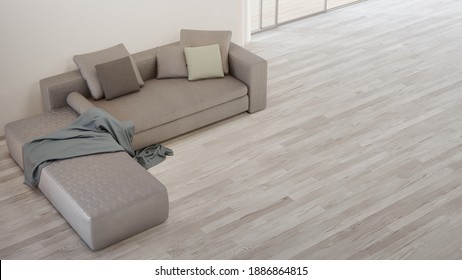 Sofa Near White Wall Of Bright Living Room In Modern House Or Apartment. Home Interior 3d Rendering With Parquet Floor.