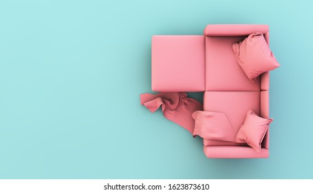 Sofa On Pastel Colors Top View 3d Rendering