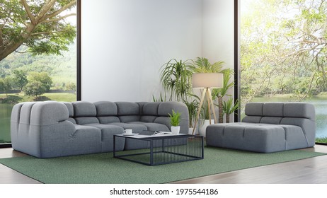 Sofa On Wooden Floor Of Large Living Room In Modern House Or Luxury Hotel. Minimal Home Interior 3d Rendering With Sky And Lake View.