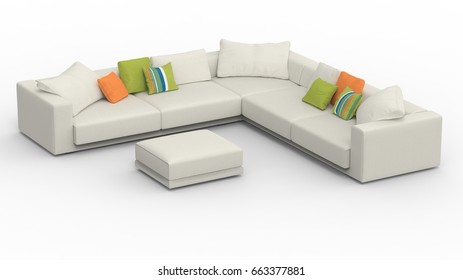 Sofa Perspective View. 3D Rendering Icon For Interior Floorplans. Concept Model.