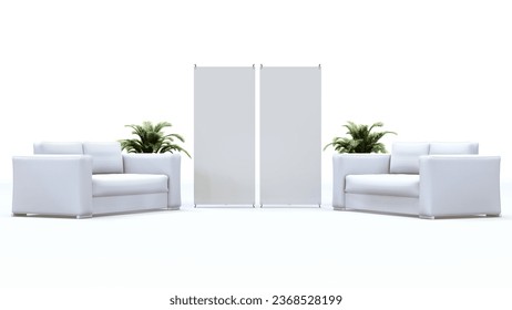 sofa sitting with blank branding standee, event branding, talk show, 3d rendering, 3d illustration. - Powered by Shutterstock