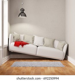 Sofa squeezed in too small narrow living room (3D Rendering)