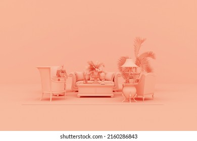 Sofa and table, monochrome flat style, 3D rendering.