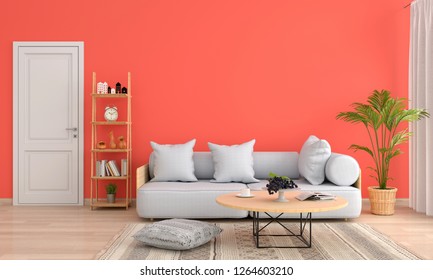 Sofa And Table In Orange Living Room, 3D Rendering