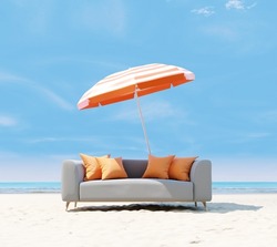 Sofa And Umbrella On Sand Beach With Sea And Sky Background. Summer Vacation Concept. 3d Rendering 