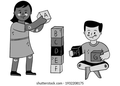 Sofia Monochrome Kids Playing Letter Blocks - Powered by Shutterstock