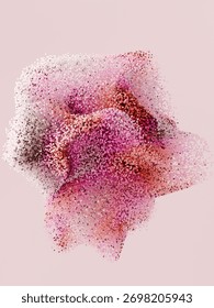 Soft abstract composition of tiny spherical particles forming organic waves on a pastel pink background. Clean modern backdrop for design and branding.