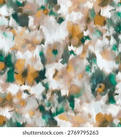 Soft abstract floral pattern with blurred flowers in green, beige, and brown tones, seamless artistic background.