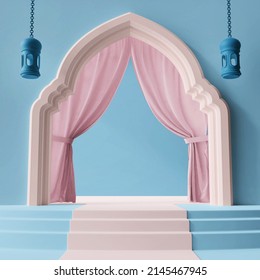 Soft Blue And Pink Beautiful Arabian Islamic Doorway Concept Stairs Product Display Background 3d Rendering Illustration Ramadan Eid Mubarak Instagram Post Size 