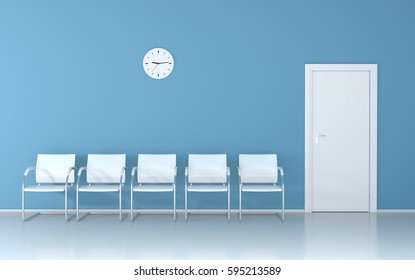 Soft Blue Waiting Room With White Chairs And Wall Clock 3D Render