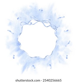 Soft blue wreath with watercolor ribbons and confetti creates a festive border. Perfect for baby shower invitations or birthday greetings, this hand drawn illustration provides blank space for text - Powered by Shutterstock