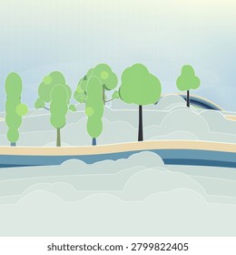Soft cloud forest dreamscape with floating mountain ridge, two floating tree layers, and layered bottom clouds