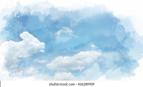 Soft Clouds In Blue Sky For Background With Watercolor Techniques.