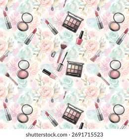  A soft and dreamy pattern blending delicate floral elements with various cosmetics and beauty tools, creating a serene and feminine aesthetic.