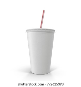 Soft Drink Paper Cup With Straw On White. 3D Illustration