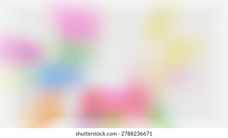 A soft focus abstract composition featuring scattered, blurred shapes in cheerful pink, blue, yellow, and green against white.