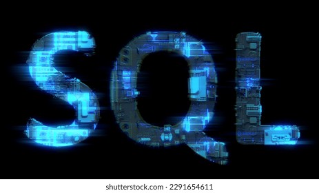 soft focus glitch electrical light cybernetical blue text SQL, isolated - object 3D rendering