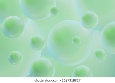 Soft gradient abstract spheres background in pale green with overlapping curves and light effects for modern decor art. 3D rendering. Calm atmosphere abstract pattern.