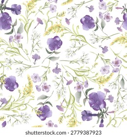 Soft meadow flower scattered pattern with watercolor purple blossom and field grass isolated. Seamless botanical wallpaper background. Artistic organic plant elements for spring textile design.