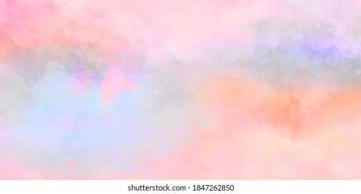 Soft Orange Pink Blue Iridescent Watercolor Background Of Abstract Sunset Sky With Puffy Clouds In Pastel Rainbow Colors