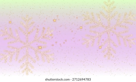 A soft pastel gradient background blending green, yellow, and lavender tones with a gentle, dreamy atmosphere. Subtle golden snowflake shapes and scattered sparkles create a festive, elegant, and wint