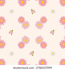 Soft pastel vertical seamless pattern of hand-drawn pink daisies, white blossoms, and small rose buds. A charming floral arrangement scattered across a clean cream background, perfectly suited for spring fashion, wedding stationery, and wallpapers.