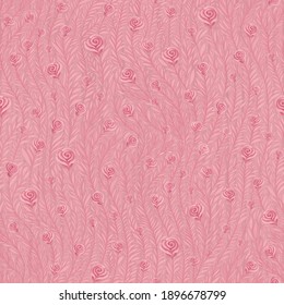 Soft Pink colored oil painting floral seamless pattern. Hand drawn twigs with rose flowers and leaves on textured background. Ornate design template for wallpaper, wrapping, textile, ceramics.