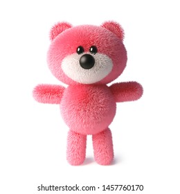 Soft pink fluffy teddy bear character standing peacefully, 3d illustration render