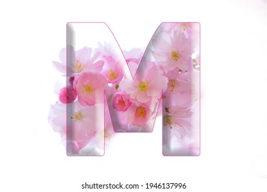 Soft pink LETTER M , romantic sign, cherry blossom alphabet, isolated design element, beautiful 3 d illustration valentine day love, font, uppersace, capital