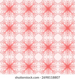A soft and romantic seamless pattern featuring a symmetrical mandala-style floral design. The intricate composition, rendered in beautiful shades of coral pink and pale rose, evokes a sense of delicat