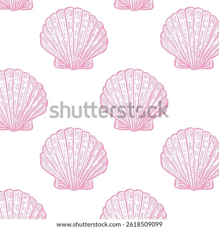 Soft seamless pattern featuring hand drawn pink seashells on a white background. Perfect for nautical themes, summer decoration, ocean prints, and beach style projects.